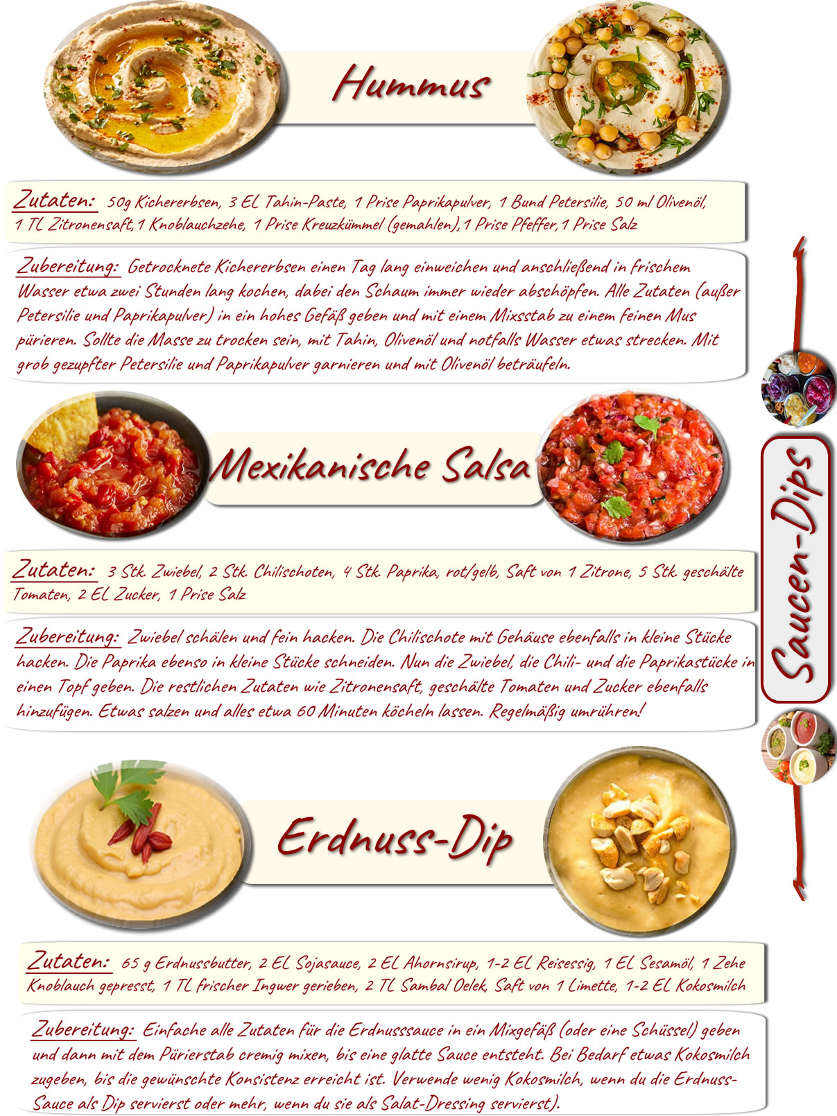 Hummus+Erdnussdip+Mexikanische Salsa